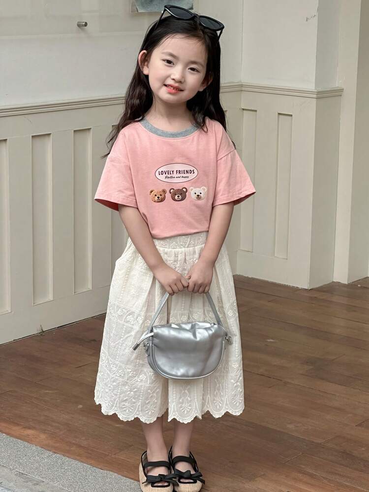 2pcs/Set Young Girls Cartoon Print Round Neck Short Sleeve T-Shirt And Casual Shorts, Summer Outfit