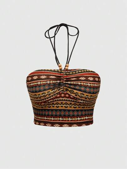 Top de tirantes halter de corte slim para mujer estilo hippie, bohemio y de verano
