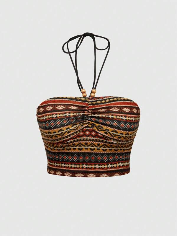 ROMWE Hippie Top de tirantes halter de corte slim para mujer estilo hippie, bohemio y de verano