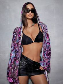 Modviera 随机印花长袖游泳和服，轻便夏季派对音乐节休闲沙滩女装