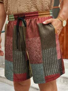 Manfinity VCAY Men's Casual Woven Plaid Pattern Printed Mid-Waist Drawstring Straight Shorts - Multicolor - View 1