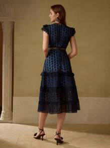 MOTF PREMIUM GUIPURE LACE RUFFLE HEM MIDI DRESS - Navy Blue - View 3