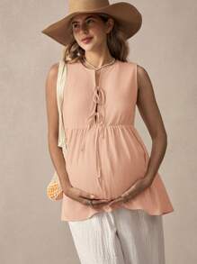 SHEIN Maternity Solid Color Ruffle Hem Tie Front Casual Sleeveless Shirt For Vacation