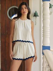 WESTFADE Rayon Linen Blend Western Two Tone Ric Rac Wavy Trim Round Neck Loose Fit Tank Top & High Rise Drawstring Waist Relaxed Fit Shorts Women Two Pieces Matching Sets Summer Boho Cowgirl Casual Cute Elegant Vacation Nashville Country Concert Outfit - Apricot - View 4