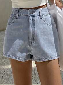 Livesso 新款复古效果水洗宽松设计休闲牛仔短裤，夏季 - 藍色 - 查看 3