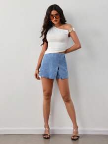 SHEIN Tall Quần short denim nữ, quần váy ngắn vừa vặn thường ngày, màu xanh - Rửa trung bình - Xem 6