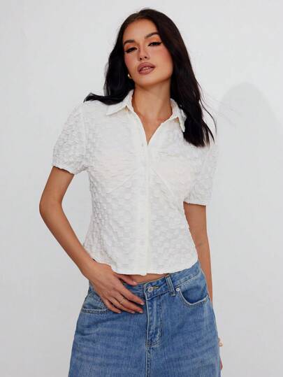 Roylia Women's Short Woven Jacquard Bubble Plaid Shirt, Solid Color, Fitted, Cardigan, V-Neck, Short Sleeve, Bishop Sleeve, Chest Ruffle, Waist Cinched, Vacation, Holiday, Workplace, Elegant, Casual, Commuter, Minimalist, Sexy, Chic, Luxury, Y2K, Romantic, Spring/Summer