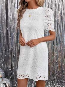 SHEIN Clasi Embroidered White Fabric Round Neck Puff Sleeve Short Sleeve Crop Fitted Dress For Women Vacation Outfits Woman Summer Outfits For Women Summer Dresses For Women White Dress