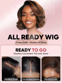 ALL READY WIG Wear Go 无胶鲍勃假发，100% 雷米真人发质，夏季短款鲍勃假发，预造型分层剪裁，4x4 预剪蕾丝，预拔发际线，预漂白，全效假发，180% 密度，4/30# 挑染巧克力棕色头发，优雅别致的女老板造型