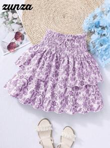 Tween Girl 优雅碎花喇叭裙，松紧腰身，度假风格