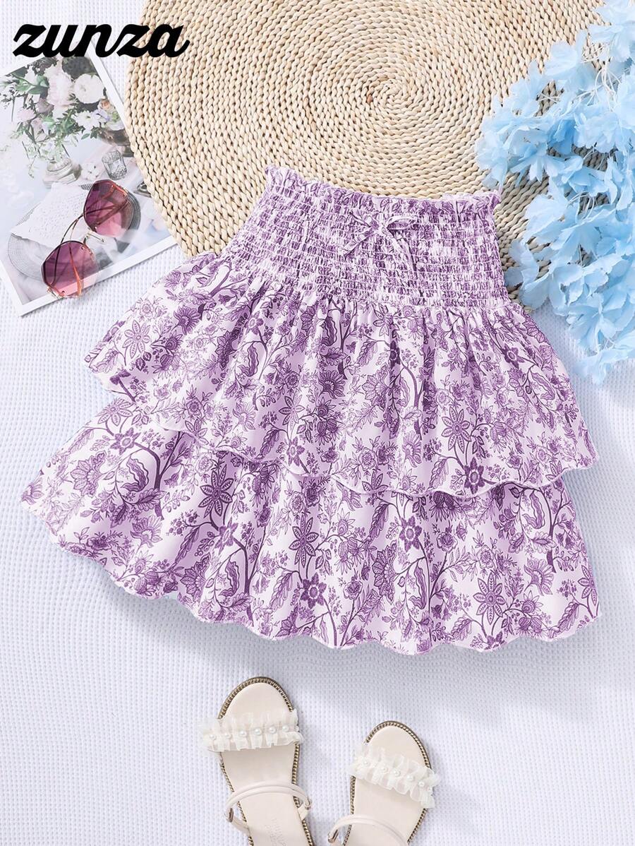 Tween Girl 优雅碎花喇叭裙，松紧腰身，度假风格