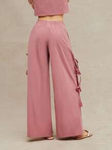 WESTFADE 棉质低腰褶饰腰部蝴蝶结侧开衩休闲可爱西部流苏细节宽松阔腿裤适合春夏海滩度假纳什维尔 - 紅色 - 查看 5