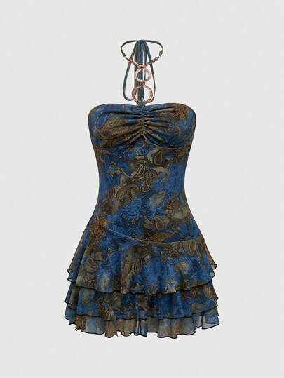 Fairycore Vestido con estampado floral de paisley vintage con espalda descubierta para mujer de estilo japonés