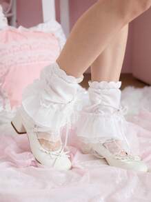 ROMWE Kawaii 1 par de calentadores de pierna adorables y románticos con lazo y lunares de perlas falsas, calentadores de pierna con volantes multicapa y encaje splice, medias de la subculturas JK - Blanco - Ver 3