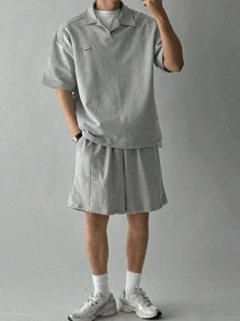 DAZY Conjunto de camiseta polo gris para hombres con bordado de letra, para verano