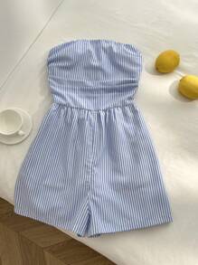 Elamini 女式条纹休闲宽松腰部连体衣 - 藍色 - 查看 1