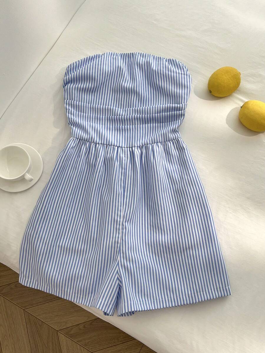 Elamini 女式条纹休闲宽松腰部连体衣 - 藍色 - 查看 1