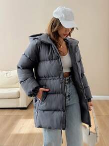 EURMUSE Premium Quality, Side Popper Detailed Puffer Wintercoat Winter Everyday Going Out Dark Grey Casual - Grey - View 6