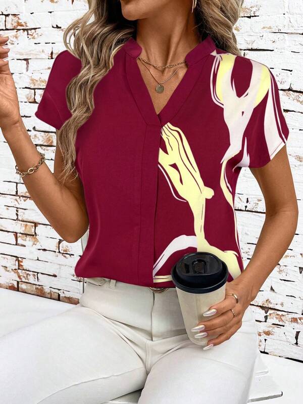SHEIN Clasi Apricot Geometric Print V-Neck Loose Casual Blouse For Women Summer Outfits For Women Teacher Outfits For Women Teacher Shirts Blouses For Women Elegant