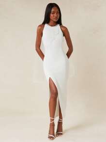 NYA SZN Elegant White And Silver Bride Dress Bridal High Neck Side Slit,Summer Bachelorette Party Wedding Special Occasion Formal Dresses For Women Honeymoon - Beige - View 2