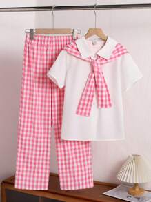 Conjunto de camiseta para niñas (talla grande), conjunto de moda para niñas preadolescentes con camisa blanca, chal a cuadros rosas y blancos, y pantalones, atuendo casual para verano y vacaciones