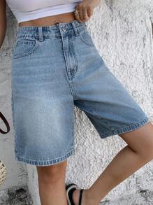 DAZY Women's Casual Everyday Zip-Up Loose Fit 3/4 Length Denim Shorts - Light Wash - View 2