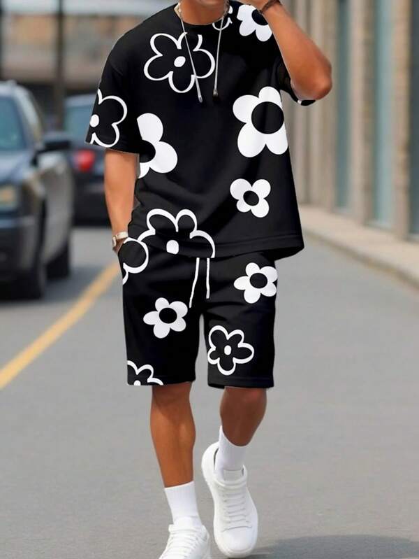 Manfinity Hypemode Men's Summer Casual Floral Print T-Shirt And Shorts Set Mens 2 Piece Outfits Summer