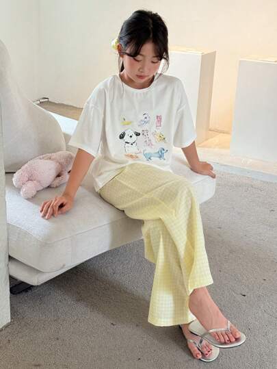 DAZY 女童大码宽松T恤和格子长裤睡衣套装