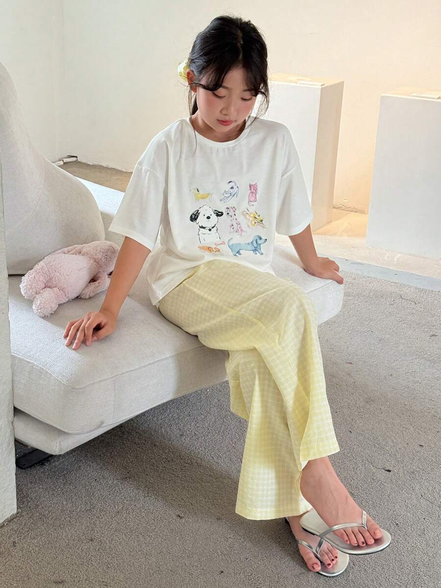 DAZY 少女宽松图案T恤和格子长裤睡衣套装 可爱睡衣 - 白色 - 查看 1