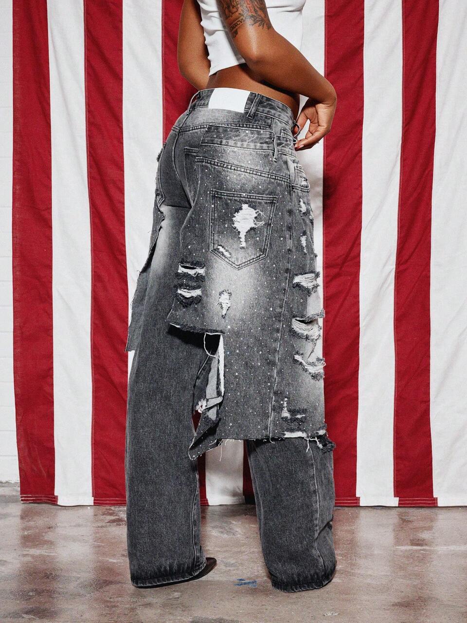 SUMWON Festival Sparkle Stars Wide Leg Ripped Distressed Edgy Double Layer Two-In-One Jeans Hip Hop Streetwear