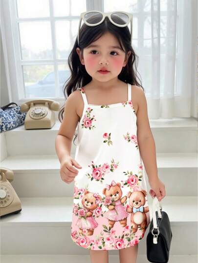 SHEIN Happikins Baby Girl Sweet Floral & Bear Print Casual Pink Fitted Tank Dress, Suitable For Summer