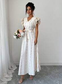 Modelyn Floral Print Patchwork Embroidery Mesh Cap Sleeve A-Line Dress - Apricot - View 5