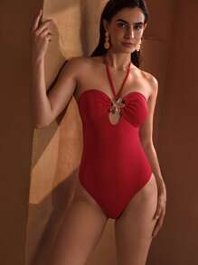 MOTF PREMIUM METAL DECOR HALTER ONE-PIECE SWIMSUIT FOR SUMMER BEACH VACATION - Red - View 7
