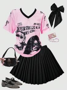 SHEIN Conjunto de niña preadolescente con blusa suelta con cuello en V y estampado gráfico, y falda plisada, conjunto de ropa casual tipo streetwear, apto para uso diario, salidas, reuniones casuales, primavera/verano