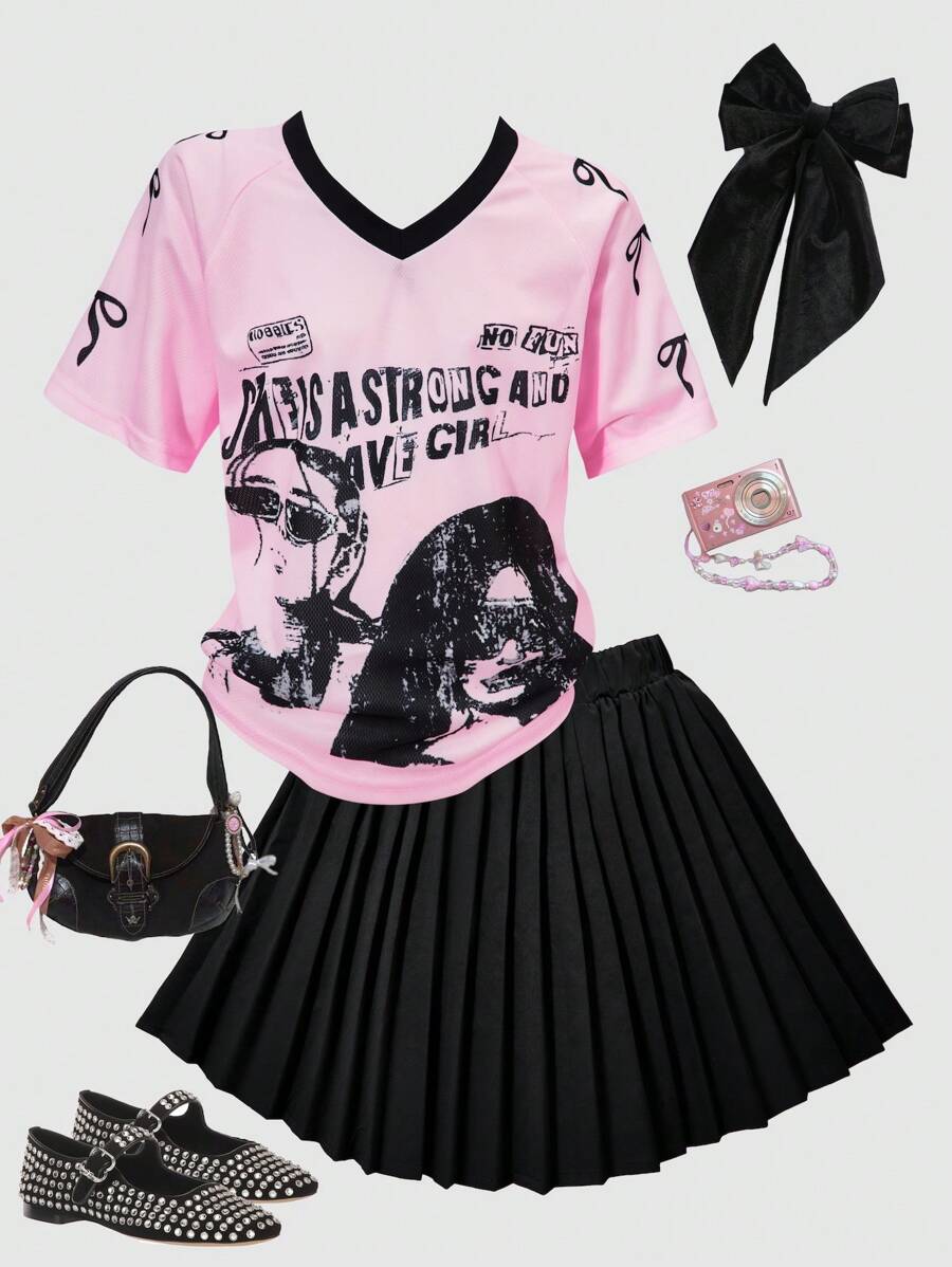 SHEIN Conjunto de niña preadolescente con blusa suelta con cuello en V y estampado gráfico, y falda plisada, conjunto de ropa casual tipo streetwear, apto para uso diario, salidas, reuniones casuales, primavera/verano