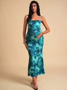 MaterniChic Pregnant Women Tie Dye Printed Fitted Summer Strap Dress  Maternity  Dress FLORAL - Green - View 3