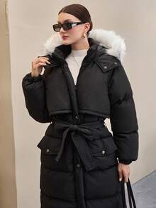 CLARA VERO Premium Quality, Contrast Fur Detailed Puffer Winter Coat - Black - View 4