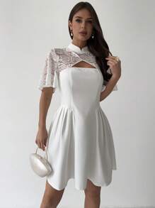 Firerie 女士简约优雅度假海滩度假撞色蕾丝 A 字短袖连衣裙，时尚百搭白色夏装 - 白色 - 查看 7