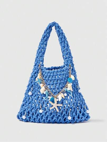 Fairycore 1 Stück marineblauer gewebter Strandtasche, ozeanisches Sommerferienmotiv, beinhaltet Tasche und Zubehör für DIY Dekoration, Damen Handtasche