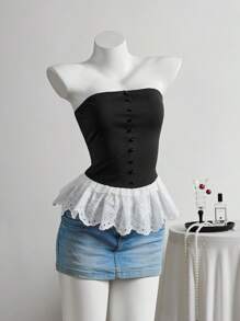 Elamini Women's Spring & Summer Cutout Embroidered Ruffled Hem Peplum Camisole Top - Black - View 1