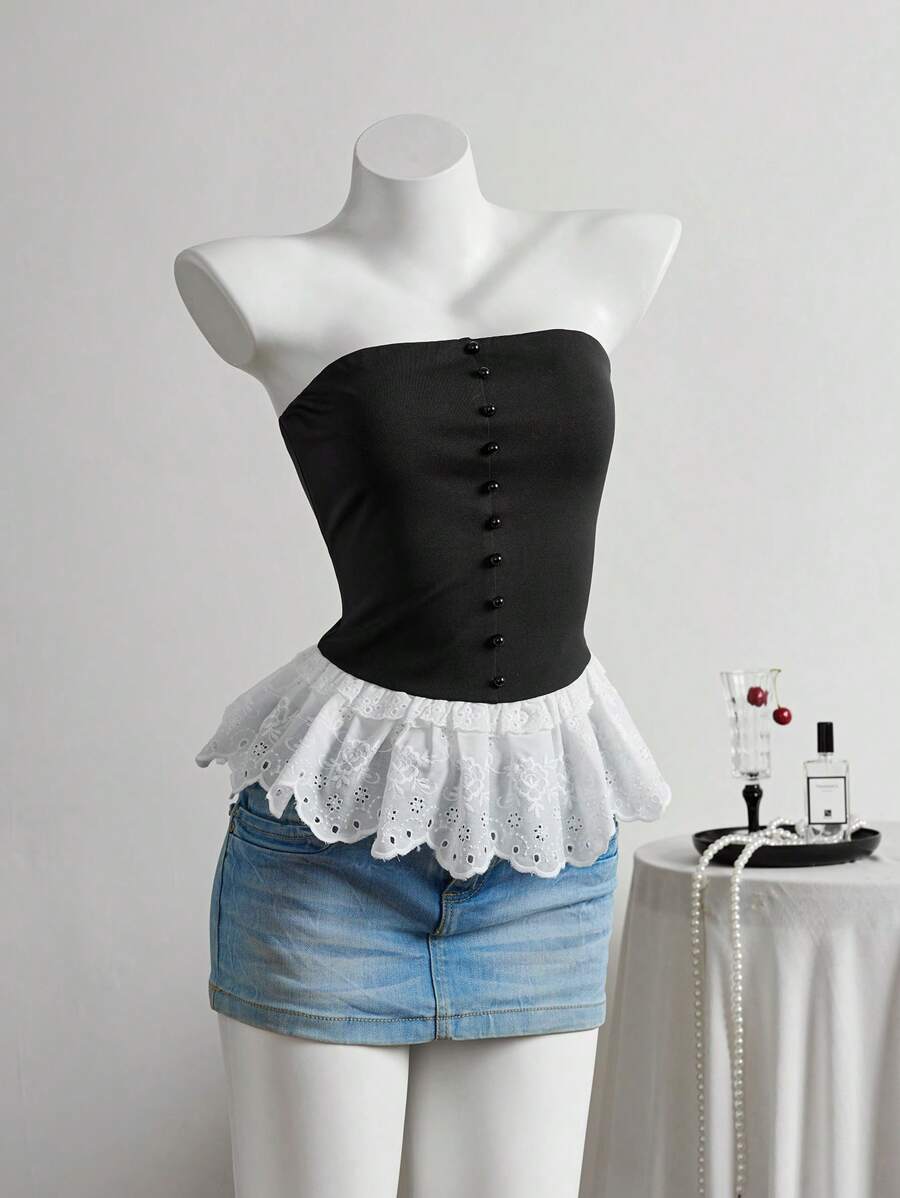 Elamini Women's Spring & Summer Cutout Embroidered Ruffled Hem Peplum Camisole Top - Black - View 1