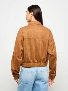 AiiRZ Zip Up Suede Collared Bomber Jacket - Brown - View 2