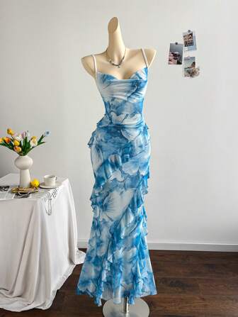 Soleia Women's Vacation Colorful Retro Floral Print Draped Neck Layered Ruffle Trim Cami Maxi Dress,Bohemian Clothes Blue Formal Dress Long Blue Dress Light Blue Formal Dress Dusty Blue Formal Dress Blue Dress For Wedding
