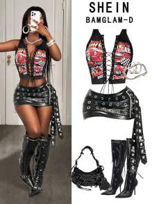 BamGleam 女式字母与汽车印花十字交叉设计短款性感吊带背心 - 黑色 - 查看 1