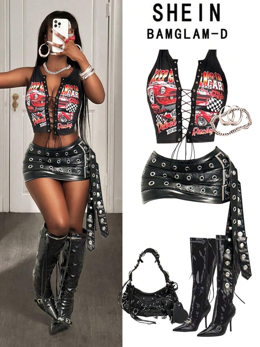 BamGleam 女式字母与汽车印花十字交叉设计短款性感吊带背心 - 黑色 - 查看 1