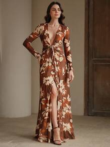 Anewsta 优雅珊瑚红针织连衣裙，腰带系带，浪漫海滩，节日，女士假日服装，春夏秋季 - 棕色 - 查看 7