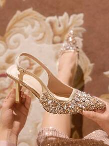 CUCCOO TILAWA Pointed Toe Stiletto High Heel Rhinestone Decor Backless Wedding Party Champagne Pumps - Champagne - View 2