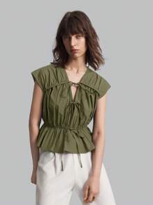 Ontre Áo cánh rút dây màu xanh ô liu thường ngày dành cho nữ, trang phục đơn giản mặc hàng ngày mùa xuân, ngày lễ tình nhân, áo thun trở lại trường có dây đeo mỏng - xanh quân đội - Xem 8