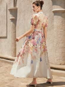 Aveloria Rosie 雪纺花卉印花腰带修身喇叭形春夏假日短袖连衣裙 - 彩色 - 查看 4