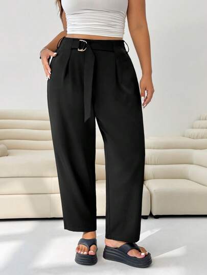 Solflare 黑色加大码女士休闲直筒七分裤，商务休闲女士，夏季，女士教师装，女士工作服，女士优雅裤装，秋冬系带阔腿裤